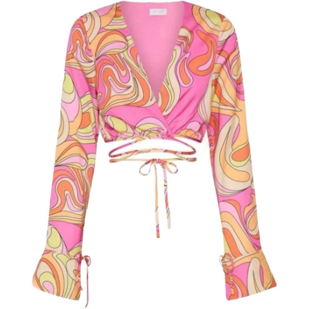 MESHKI |‎ Rheanna Wrap Around Cropped Shirt | Pink Psychedelic Bell Sleeve | XS